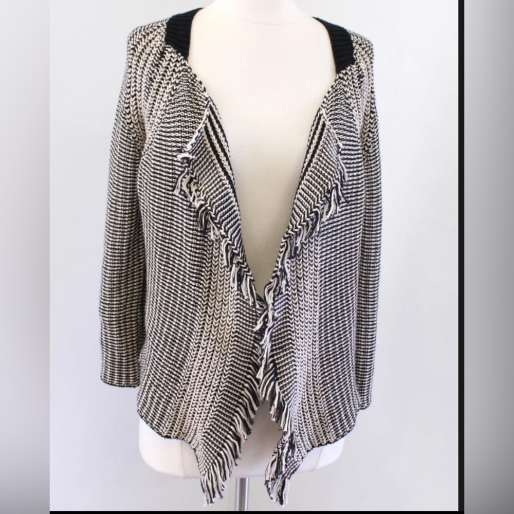 Gerard Darel Paris Black Tan Knit Fringe Open Draped Cardigan